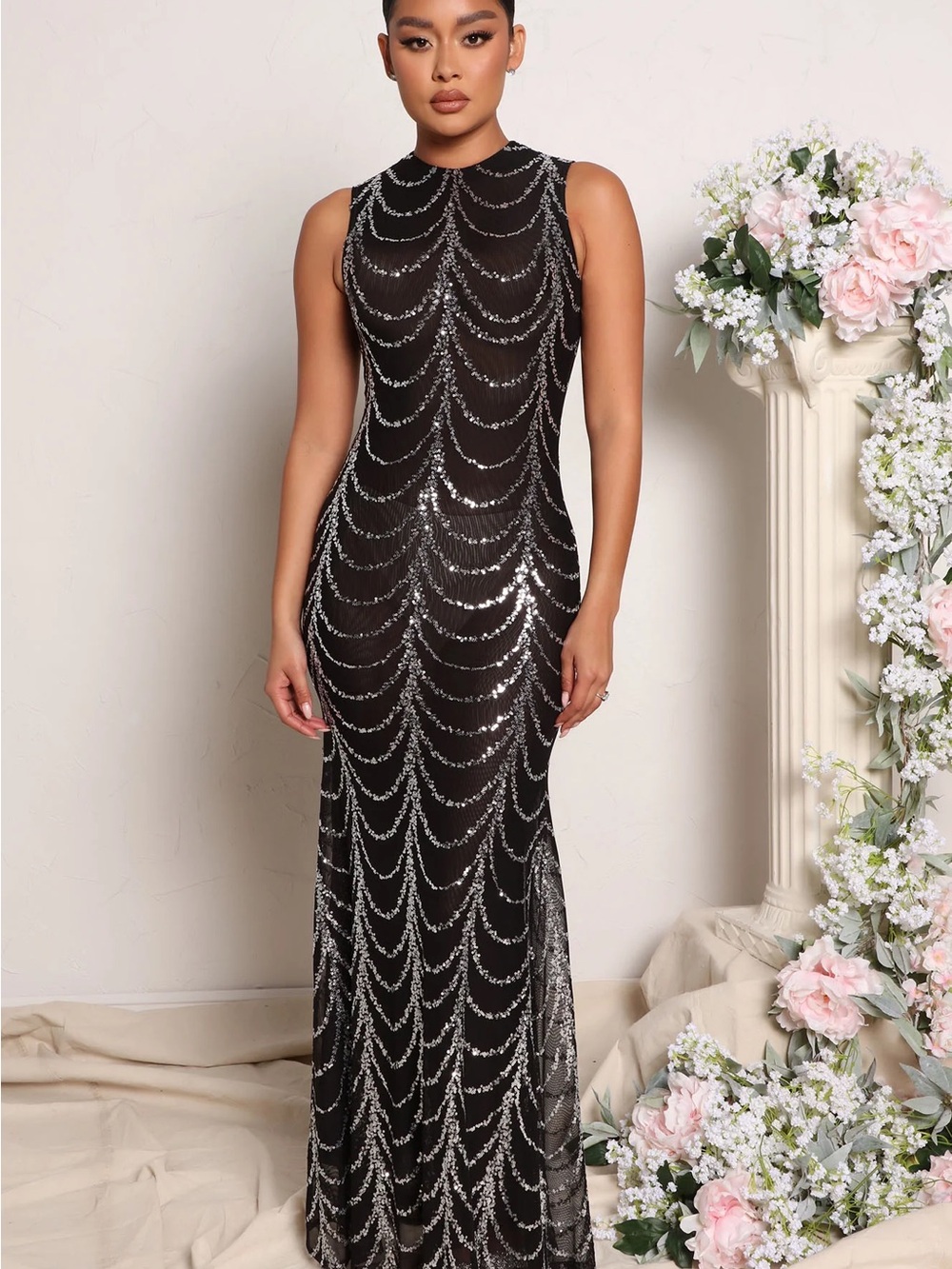 Fashion Nova. Black Sequin Sleeveless Evening Gown